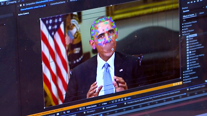 This image made from video of a fake video featuring former President Barack Obama shows elements of facial mapping used in new technology that lets anyone make videos of real people appearing to say things they've never said. There is rising concern that U.S. adversaries will use new technology to make authentic-looking videos to influence political campaigns or jeopardize national security.