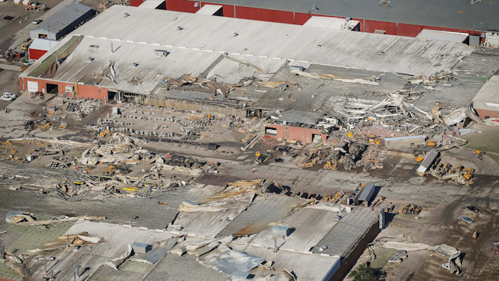 Damage to production plants at Vermeer Corp., a farm and construction equipment manufacturer in Pella, Iowa.