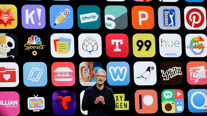 In this Monday, June 4, 2018 file photo, Apple CEO Tim Cook speaks during an announcement of new products at the Apple Worldwide Developers Conference in San Jose, Calif. Since its debut 10 years ago Tuesday, July 10, 2018, Apple’s app store has unleashed new ways for us to work, play, and become lost in our screens.