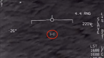 US F/A-18 footage of a UFO (circled in red). Creative Commons Attribution-Share Alike 4.0 International license.