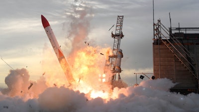 A Japan's privately developed rocket, MOMO-2, is in flames after the rocket failed to liftoff in Taiki, northern island of Hokkaido, Japan, Saturday, June 30, 2018. According to Kyodo News, the launch failed Saturday, as the rocket crashed to the ground and burst into flames seconds after liftoff, its developer said.