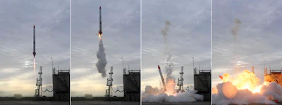 This combination of photos shows the launch of a Japan's privately developed rocket, MOMO-2, from left to right, fails in Taiki, northern island of Hokkaido, Japan, Saturday, June 30, 2018. According to Kyodo News, the launch failed Saturday, as the rocket crashed to the ground and burst into flames seconds after liftoff, its developer said.