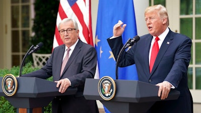 President Donald Trump and European Commission president Jean-Claude Juncker speak in the Rose Garden of the White House, Wednesday, July 25, 2018, in Washington.