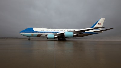 In this April 6, 2017 file photo, Air Force One, with President Donald Trump aboard, departs from Andrews Air Force Base, Md., en route to Mar-a-Largo, in Palm Beach, Fla., for a meeting with Chinese President Xi Jinping. Trump says Air Force One is getting a patriotic makeover. Trump says the familiar baby blue color on current models of the presidential aircraft will give way to red-white-and-blue coloring on updated models that could be in service in time for a potential second term.