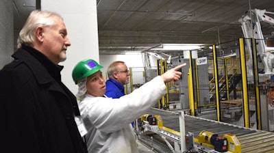 Brakebush Brothers Line 9 Lead Alicia Krueger takes tour groups through the expanded Westfield chicken processing plant in December 2017.