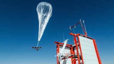 This Wednesday, Oct. 18, 2017 photo provided by Project Loon shows a stratospheric balloon taking off for Puerto Rico from the project site in Winnemucca, Nev.