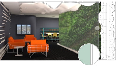 These are perspective images of a conceptual phytosensor (plant) wall. Shown left is the lighted room, and shown right (view below) is the darkened room under sense-and-report photonic conditions. The glass partition (inset on left) concentrates HVAC return air across fungal VOC-sensing houseplants. The inset image on the right shows an engineered Nicotiana plant for constitutive expression of GFP yielding green fluorescence under built-in blue or UV lights next to a wild type red fluorescent plant under the same conditions.