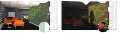 These are perspective images of a conceptual phytosensor (plant) wall. Shown left is the lighted room, and shown right is the darkened room under sense-and-report photonic conditions. The glass partition (inset on left) concentrates HVAC return air across fungal VOC-sensing houseplants. The inset image on the right shows an engineered Nicotiana plant for constitutive expression of GFP yielding green fluorescence under built-in blue or UV lights next to a wild type red fluorescent plant under the same conditions.