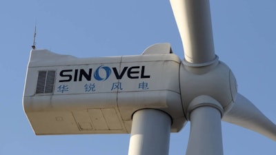 A wind turbine of Sinovel Wind Group at an offshore wind farm near Nantong city, east of China’s Jiangsu province, in December 2011.