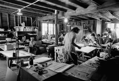 Stewart Brand, 32, publisher of the Whole Earth Catalog works on the last issue of the Whole Earth Catalog at Menlo Park, Calif., May 28, 1971.