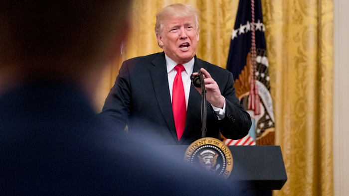 President Donald Trump speaks during an event to salute U.S. Immigration and Customs Enforcement (ICE) officers and U.S. Customs and Border Protection (CBP) agents in the East Room of the White House in Washington, Monday, Aug. 20, 2018.