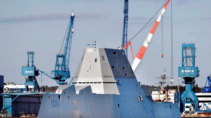 In this Dec. 4, 2017 file photo, the future USS Michael Monsoor leaves Bath Iron Works for sea trials in Bath, Maine. The shipbuilder has replaced one of the massive turbines on the stealthy destroyer. It is scheduled to depart for San Diego in November.