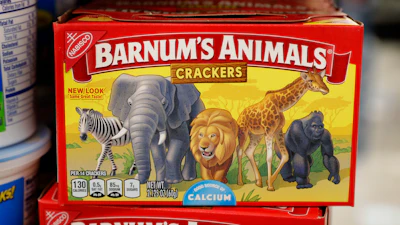 This Monday, Aug. 20, 2018, photo shows a box of Nabisco Barnum's Animals crackers on the shelf of a local grocery store in Des Moines, Iowa. Mondelez International says it has redesigned the packaging of its Barnum’s Animals crackers after relenting to pressure from People for the Ethical Treatment of Animals.