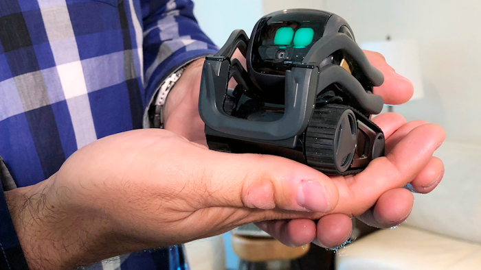 In this Monday, July 30, 2018, photo, Anki Inc. CEO Boris Sofman holds Vector, the company’s new home robot, in New York. The wheeled robot is designed as a successor to the San Francisco company’s toy robot, Cozmo, which was introduced in 2016.