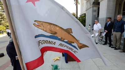 A salmon replaces the bear on the California state flag that was flown at a news conference held in support of a proposal by state water officials to increase water flows for the lower San Joaquin River to protect fish.