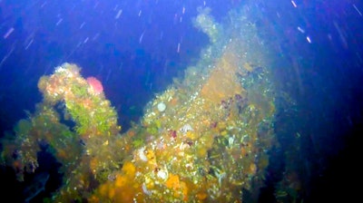 This July, 2018 photo from video provided by Project Recover shows a gun shows a portion of the coral-encrusted stern of the destroyer USS Abner Read in the waters off Kiska Island, Alaska. The Abner Read hit a mine left by the Japanese after they abandoned Kiska Island in Alaska's Aleutian Islands in 1943, ripping the stern off. But the ship never sank and was refitted and returned to duty. Now, 75 years after the ship's 75-foot stern broke off, it has been located off Kiska by a team of scientists funded by the U.S. government.