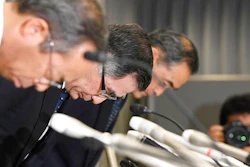 Suzuki Motor Corp. Representative Director and President Toshihiro Suzuki, second from left, bows with other official at the start of a press conference Thursday Aug. 9, 2018 in Tokyo. Suzuki Motor Corp., Mazda Motor Corp. and Yamaha Motor Co. have admitted using falsified emissions data to inspect their new vehicles in a product quality scandal in Japan's auto industry.