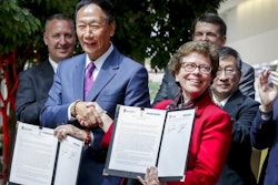Foxconn CEO Terry Gou, left, and UW-Madison Chancellor Rebecca Blank after signing a Declaration of Collaboration agreement Monday Aug. 27, 2018 at the Wisconsin Institute for Discovery on the UW-Madison campus. Foxconn Technology Group announced Monday, that it will invest $100 million in engineering and innovation research at the University of Wisconsin-Madison, making it one of the largest gifts in the school's history that comes as the Taiwan-based electronics giant builds a factory in southeastern Wisconsin that would be the company's first of its kind in North America.