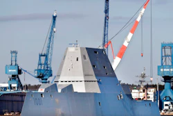 In this Dec. 4, 2017 file photo, the future USS Michael Monsoor leaves Bath Iron Works for sea trials in Bath, Maine. The shipbuilder has replaced one of the massive turbines on the stealthy destroyer. It is scheduled to depart for San Diego in November.