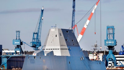 In this Dec. 4, 2017 file photo, the future USS Michael Monsoor leaves Bath Iron Works for sea trials in Bath, Maine. The shipbuilder has replaced one of the massive turbines on the stealthy destroyer. It is scheduled to depart for San Diego in November.