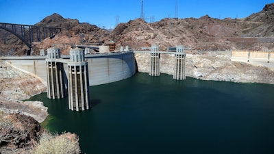 The shrinking supply of Colorado River water is evident at the Hoover Dam on the border of Arizona and Nevada.