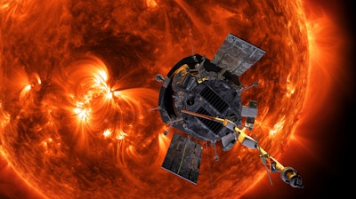 This image made available by NASA shows an artist's rendering of the Parker Solar Probe approaching the Sun. It's designed to take solar punishment like never before, thanks to its revolutionary heat shield that’s capable of withstanding 2,500 degrees Fahrenheit (1,370 degrees Celsius).