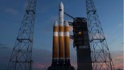 This photo provided by NASA shows the United Launch Alliance Delta IV Heavy rocket with the Parker Solar Probe onboard shortly after the Mobile Service Tower was rolled back, Friday, Aug. 10, 2018, Launch Complex 37 at Cape Canaveral Air Force Station in Cape Canaveral, Fla. NASA is sending a spacecraft straight into the sun's glittering crown, an atmospheric region so hot and harsh any normal visitor would wither.