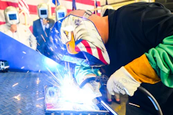 A welder authenticates the keel of LCS 23, the future USS Cooperstown, by welding the initials of keel authenticator Ellen R. Tillapaugh, Mayor of the Village of Cooperstown, New York. The Keel Laying is the formal recognition of the start of the ship's module construction process.