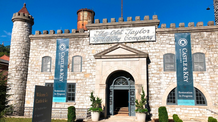 This Friday, Sept. 14, 2018 photo, shows the exterior of the Old Taylor distillery’s towering limestone castle which underwent a massive rehabilitation after decades of neglect and was renamed Castle & Key Distillery, in Millville, Ky. Four years after purchasing the property, owners Will Arvin and Wes Murry have poured millions into the project and resumed spirits production. On Wednesday, Sept. 19, the pair reopens the grounds to visitors.