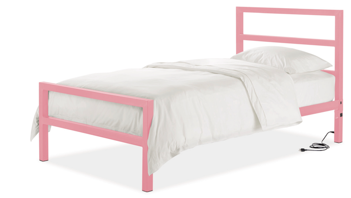 This photo provided by Room & Board shows the Parsons bed, which has ports and plugs on both sides of the headboard. The iron frame comes in a wide range of colors, including some fun ones like red, green, pink, ocean and blue.