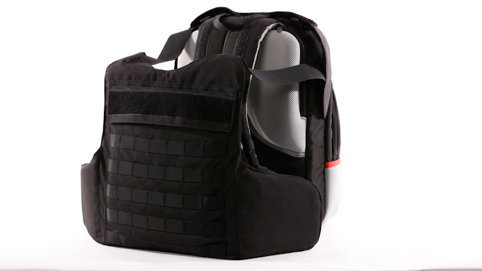 This undated photo provided by the Msada-Armour company, shows a bulletproof backpack. Masada-Armour, an Israeli company, says it has come up with a first-of-its-kind protection gear against the threat of school shootings -- a bulletproof backpack that can transform into a bulletproof vest in less than two seconds by flipping out an armored plate from a concealed compartment.