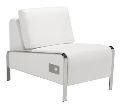 This undated photo provided by AllModern shows the Leeanne slipper chair from AllModern, which comes in white or black leatherette, and is equipped with three USB ports in the base.