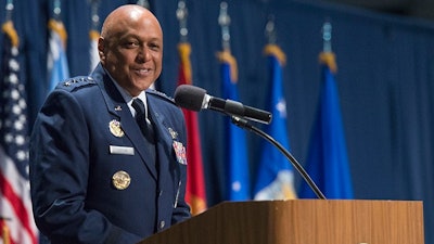 Lt. Gen. Anthony Cotton, Air University commander, gives remarks during the 2018 Air Force Institute of Technology Commencement Ceremony inside the National Museum of the United States Air Force, Dayton, Ohio, March 22, 2018.