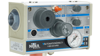 This NITRA Total Air Prep unit includes all the components for a proper machine air preparation unit, including an air filter with clogged filter indicator, relieving regulator, lockable shutoff valve, pressure gauge and electric soft-start/dump valve.