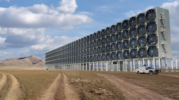 This illustration provided by Carbon Engineering in October 2018 shows one of the designs of the company's air contactor assemblies to remove carbon dioxide from the atmosphere. Carbon Engineering acting chief scientist David Keith, a Harvard University professor, said “in the long-term, carbon removal will make sense to reduce atmospheric carbon burden, but only once emissions have been brought near zero. The idea that humanity might continue huge fossil emissions while simultaneously balancing them with removal is nutty _ you plug the leaks before bailing the boat.”
