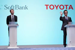 Junichi Miyakawa, left, Representative Director and CTO of SoftBank Corp. and Shigeki Tomoyama, right, Executive Vice President of Toyota Motor Corporation attend during a joint press conference in Tokyo Thursday, Oct. 4, 2018. Japan's No. 1 automaker Toyota Motor Corp. and technology giant SoftBank Group Corp. say they are setting up a joint venture to create mobility services.