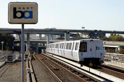 In this Oct. 15, 2013 file photo, a Bay Area Rapid Transit train leaves the station in Oakland, Calif. Regulators fined a Northern California transit agency $650,000 for safety failures that led to a train fatally striking two workers inspecting track five years ago during a union strike.