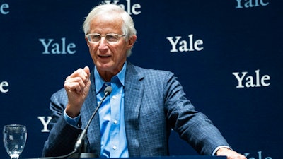 Yale University Professor William Nordhaus, one of the 2018 winners of the Nobel Prize in economics, speaks about the honor Monday, Oct. 8, 2018, in New Haven, Conn. Nordhaus was named for integrating climate change into long term macroeconomic analysis.