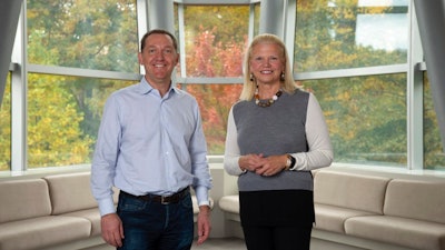his undated photo provided by IBM shows IBM Chairman and CEO Virginia Rometty, right, and Red Hat president and CEO Jim Whitehurst. Shares of Red Hat skyrocketed at the opening bell Monday, Oct. 29, 2018, after IBM, in the biggest acquisition of its 100-year history, acquired the software company.