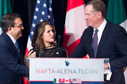 In this Jan. 29, 2018, file photo foreign Canadian Affairs Minister Chrystia Freeland, center, talks with United States Trade Representative Robert Lighthizer, right, and Mexico's Secretary of Economy Ildefonso Guajardo Villarreal after delivering statements to the media during the sixth round of negotiations for a new North American Free Trade Agreement in Montreal. The new United States-Mexico-Canada Agreement replaces the 24-year-old North American Free Trade Agreement, which tore down trade barriers between the three countries.