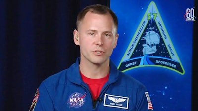 n this frame from video from NASA TV, NASA astronaut Nick Hague, who survived the Oct. 11, 2018, failed launch and emergency landing, speaks Tuesday, Oct. 16, 2018, from the NASA Johnson Space Center in Houston. Hague and Russian Alexei Ovchinin were two minutes into their flight last Thursday from Kazakhstan to the International Space Station when the Soyuz rocket failed.