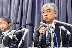 KYB Corp. Senior Managing Executive Officer Keisuke Saito, right, and its affiliated firm Kayaba System Machinery Co., Ltd. President Shigeki Hirokado attend a press conference in Tokyo Friday, Oct. 19, 2018. The Japanese government has ordered the company that falsified quality data for earthquake 'shock absorbers' used in hundreds of buildings to speed up an investigation and fix any problems quickly.