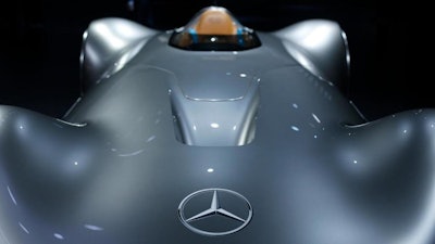 The Mercedes Vision EQ Silver Arrow is displayed at the Paris Auto show.