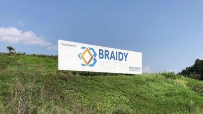 This Aug. 22, 2018, photo shows a sign declaring the future home of Braidy Industries’ aluminum mill in Ashland, Ky. More than 130 students have begun a two-year degree program in eastern Kentucky hoping it will lead to a job at the planned aluminum mill. The students at Ashland Community and Technical College are enrolled in a program designed in part by Braidy Industries and its CEO Craig Brouchard. Kentucky taxpayers are partial owners of the project.