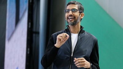 In this Wednesday, May 17, 2017 file photo, Google CEO Sundar Pichai delivers the keynote address of the Google I/O conference in Mountain View, Calif. Google says it has fired 48 employees for sexual harassment during the past two years and sent them away without a severance package. The surprise disclosure came Thursday, Oct. 25, 2018 in an email Google CEO Sundar Pichai sent to employees after The New York Times reported that the company had dismissed Andy Rubin the executive in charge of its Android software for sexual misconduct in 2014 and is still paying him a $90 million package.