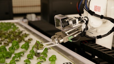 In this Thursday, Sept. 27, 2018, photo a robotic arm lifts plants being grown at Iron Ox, a robotic indoor farm, in San Carlos, Calif. At the indoor farm, robot farmers that roll maneuver through a suburban warehouse tending to rows of leafy, colorful vegetables that will soon be filling salad bowls in restaurants and eventually may be in supermarket produce aisles, too.