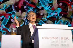 Bill Gates, former Microsoft CEO and co-founder of the Bill and Melinda Gates Foundation, speaks as a jar of human feces sits on a podium at the Reinvented Toilet Expo in Beijing, Tuesday, Nov. 6, 2018. With a jar of human feces on a podium next to him, billionaire philanthropist Bill Gates has kicked off a 'Reinvented Toilet' Expo in China. Gates said Tuesday that the technologies on display at the three-day expo in Beijing represent the most significant advances in sanitation in nearly 200 years.