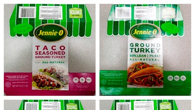 This combination of images provided by Hormel Foods on Friday, Nov. 16, 2018 shows packaging for four types of Jennie-O ground raw turkey with a P190 designation which have been recalled due to concerns over salmonella. Salmonella in food is estimated to be responsible for 1 million illnesses a year, with symptoms including vomiting, diarrhea and stomach cramps.