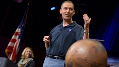 Thomas Zurbuchen, Associate Administrator of NASA's Science Mission Directorate, NASA Headquarters talks about Mars InSight during a pre-landing briefing, Sunday, Nov. 25, 2018 at NASA's Jet Propulsion Laboratory in Pasadena, InSight, short for Interior Exploration using Seismic Investigations, Geodesy and Heat Transport, is a Mars lander designed to study the 'inner space' of Mars: its crust, mantle, and core. InSight is scheduled to touch down on the Red Planet on Monday, Nov. 26.