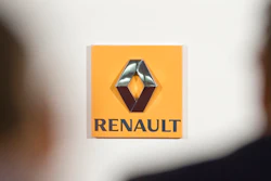 This Thursday Feb. 12, 2015 file picture shows the logo of French car maker Renault seen in a press conference held in Paris, France. France's finance minister wants carmaker Renault to replace its once-superstar CEO Carlos Ghosn while he faces accusations that he under-reported income at partner company Nissan.